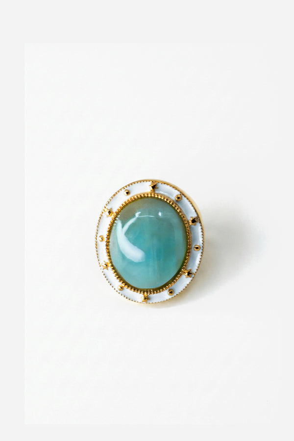 Aquamarine Ring Cabochon White Enamel Star