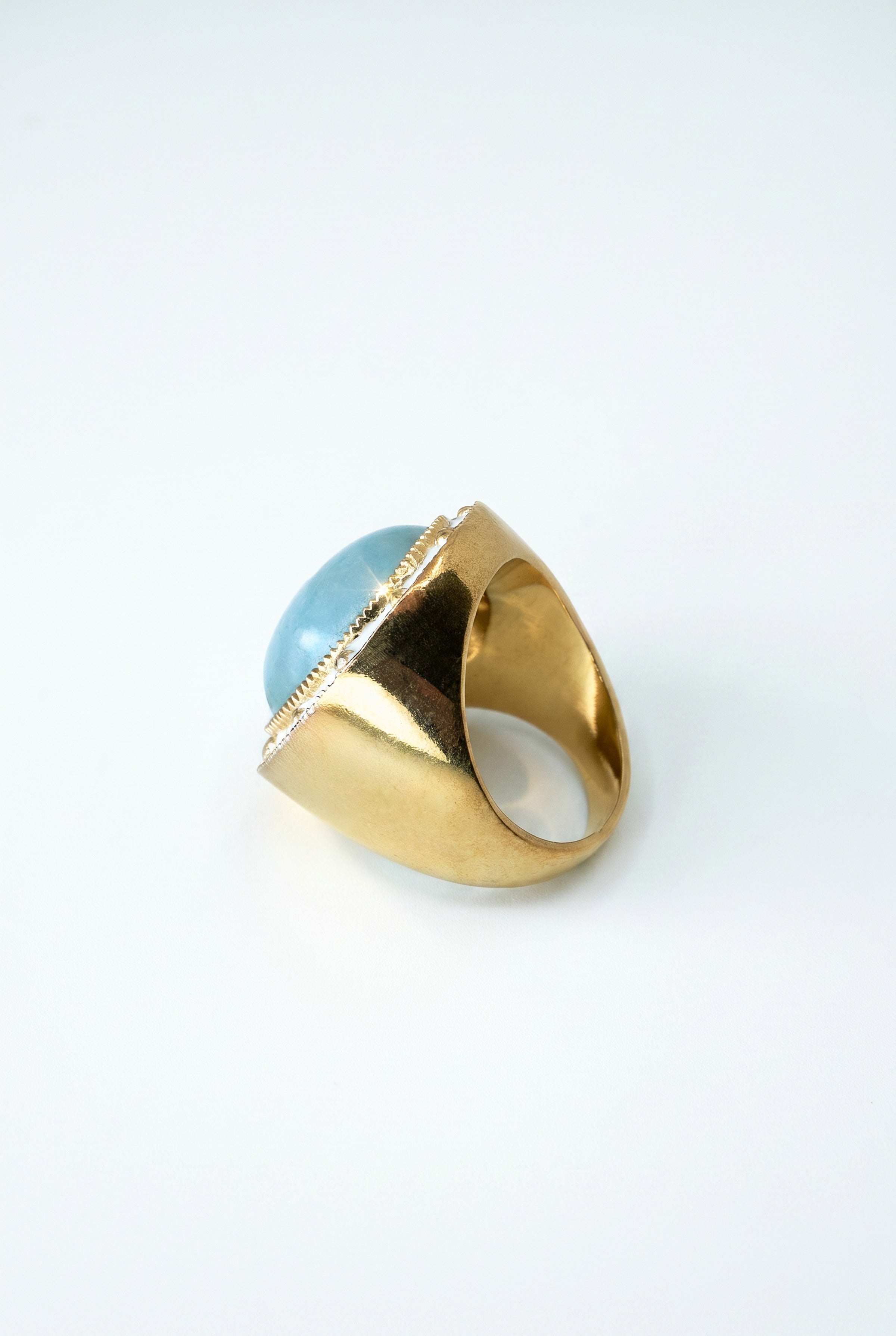 Aquamarine Ring Cabochon White Enamel Star