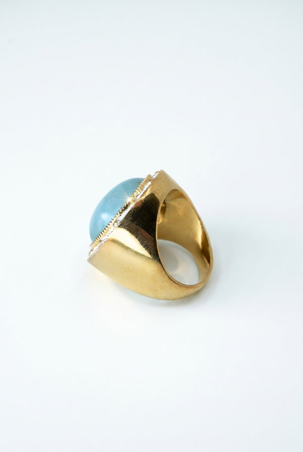 Aquamarine Ring Cabochon White Enamel Star