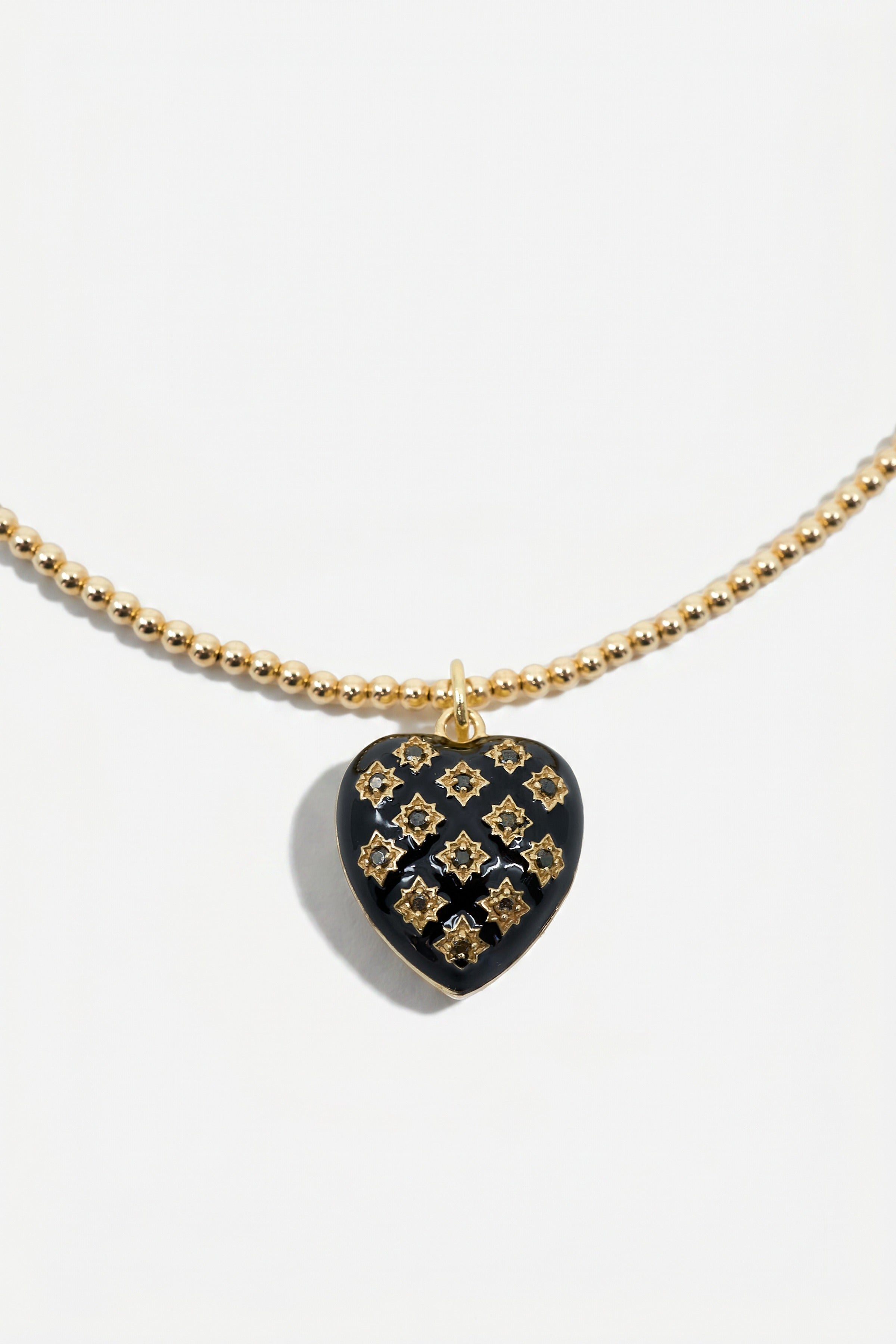 Black Diamond Heart Necklace Black Enamel Bead Chain