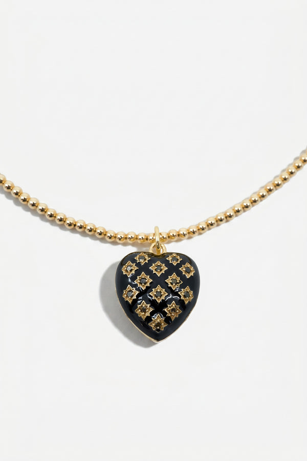 Black Diamond Heart Necklace Black Enamel Bead Chain