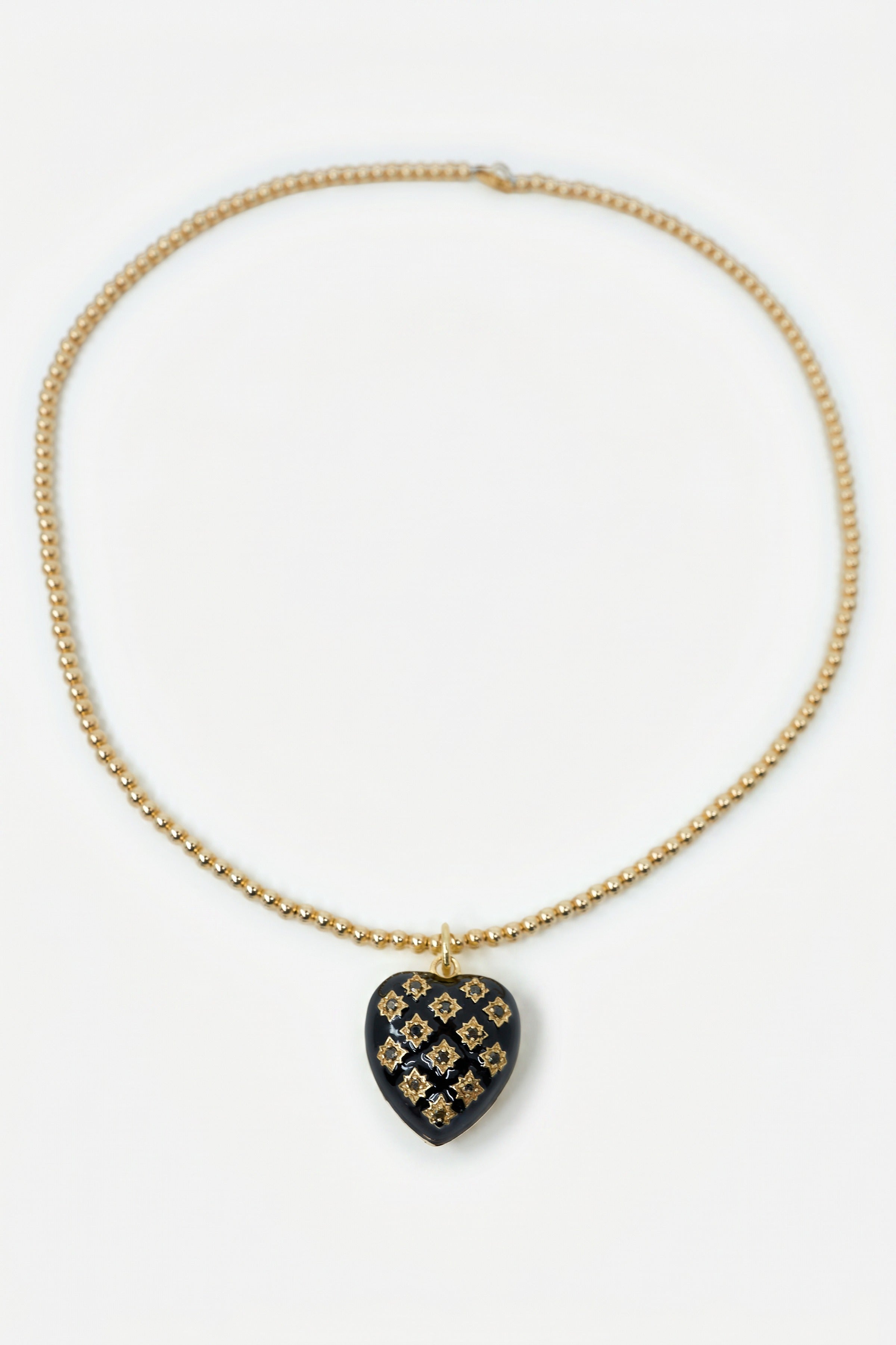 Black Diamond Heart Necklace Black Enamel Bead Chain