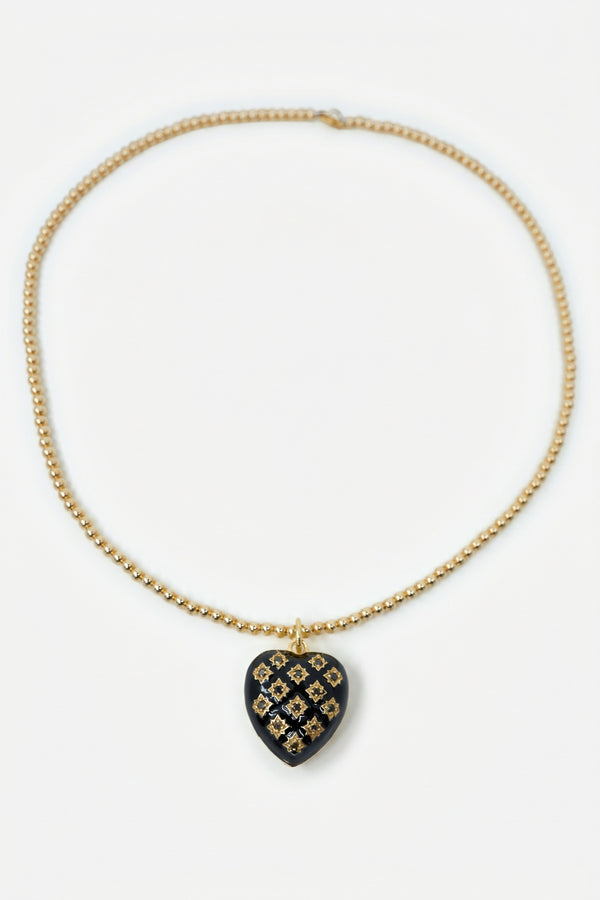 Black Diamond Heart Necklace Black Enamel Bead Chain