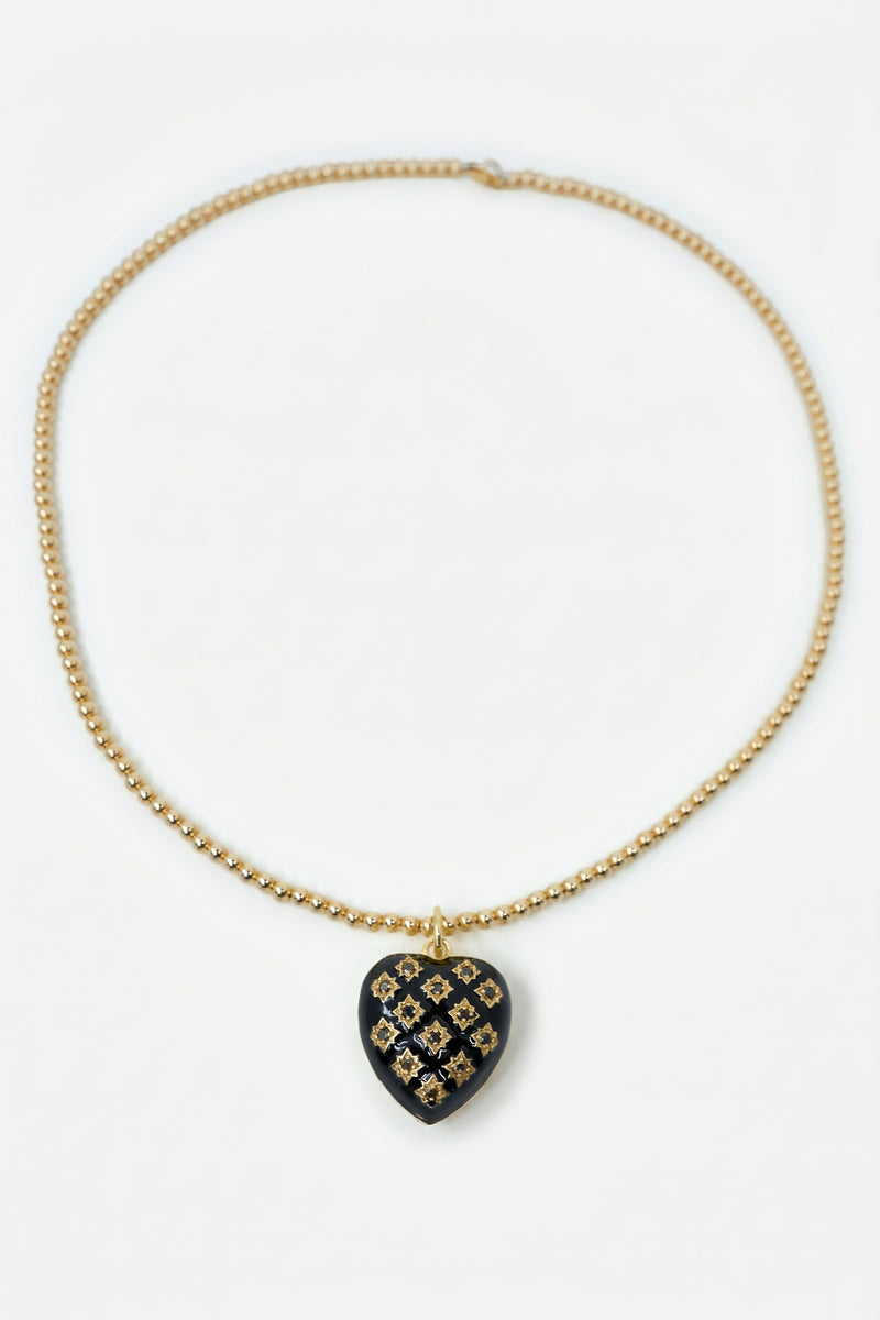 Black Diamond Heart Necklace Black Enamel Bead Chain