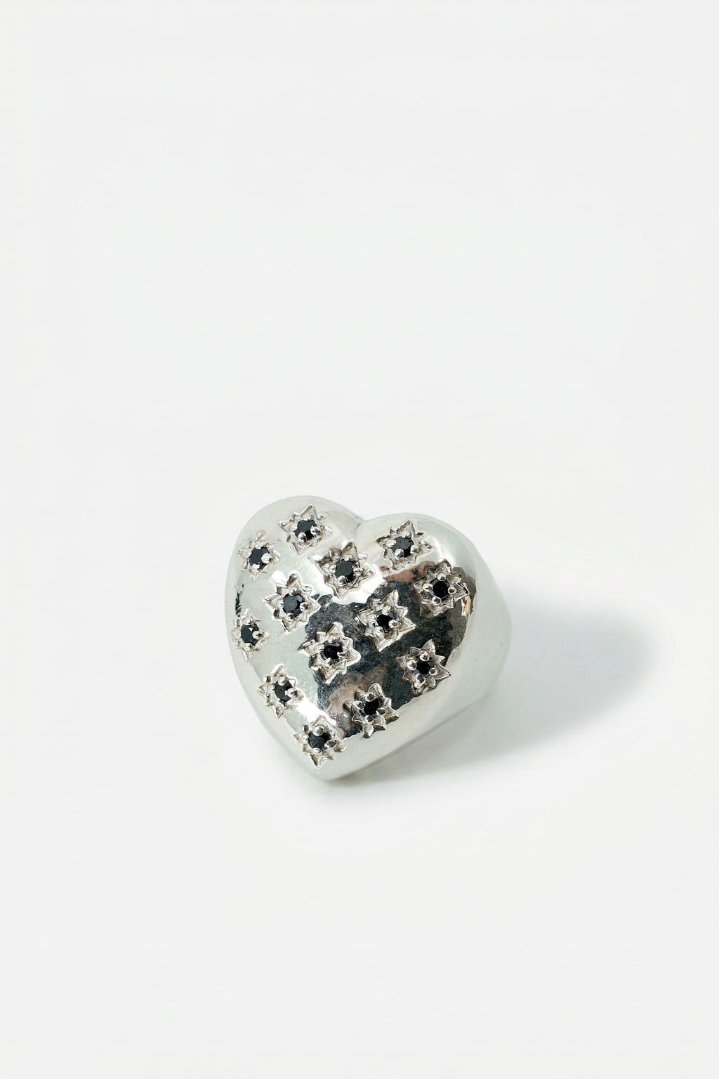 Silver Heart Signet Ring Black Diamond Star