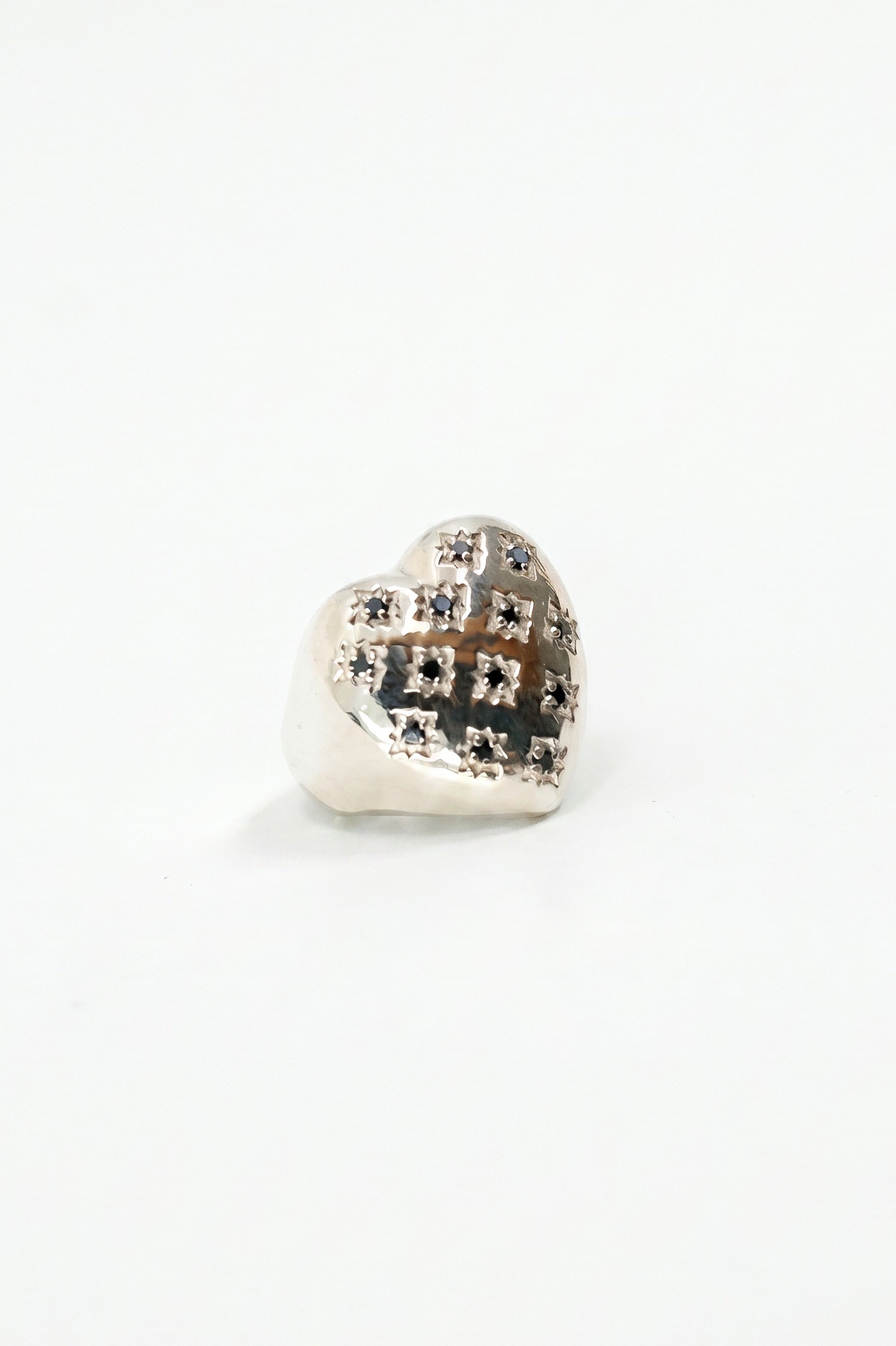 Silver Heart Signet Ring Black Diamond Star