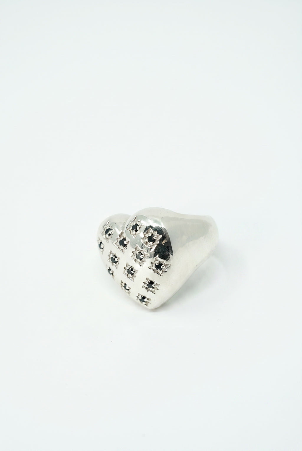 Silver Heart Signet Ring Black Diamond Star