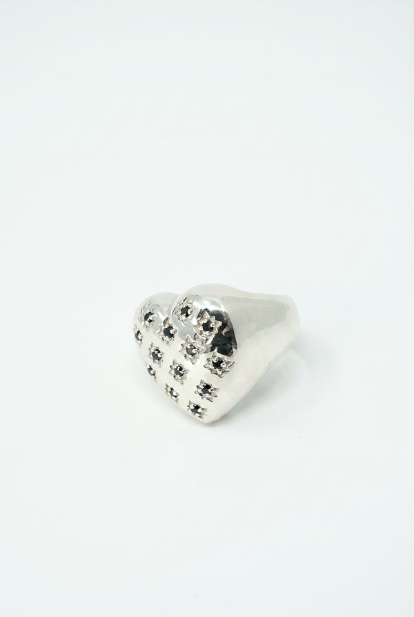 Silver Heart Signet Ring Black Diamond Star