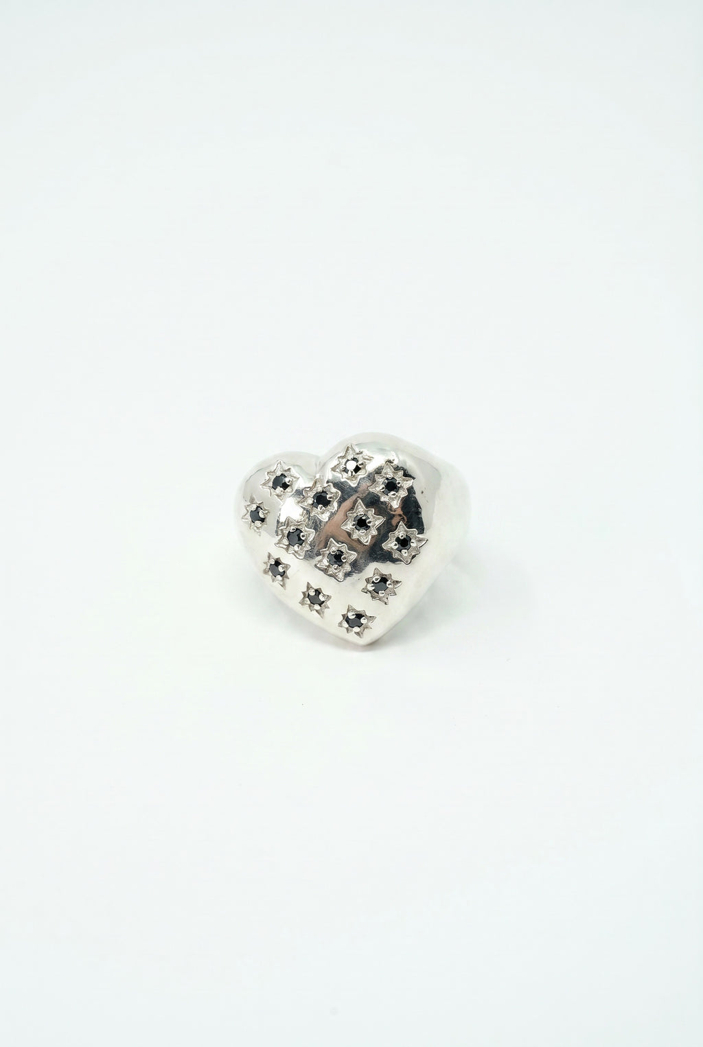 Silver Heart Signet Ring Black Diamond Star