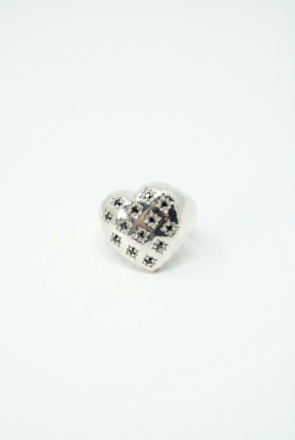 Silver Heart Signet Ring Black Diamond Star