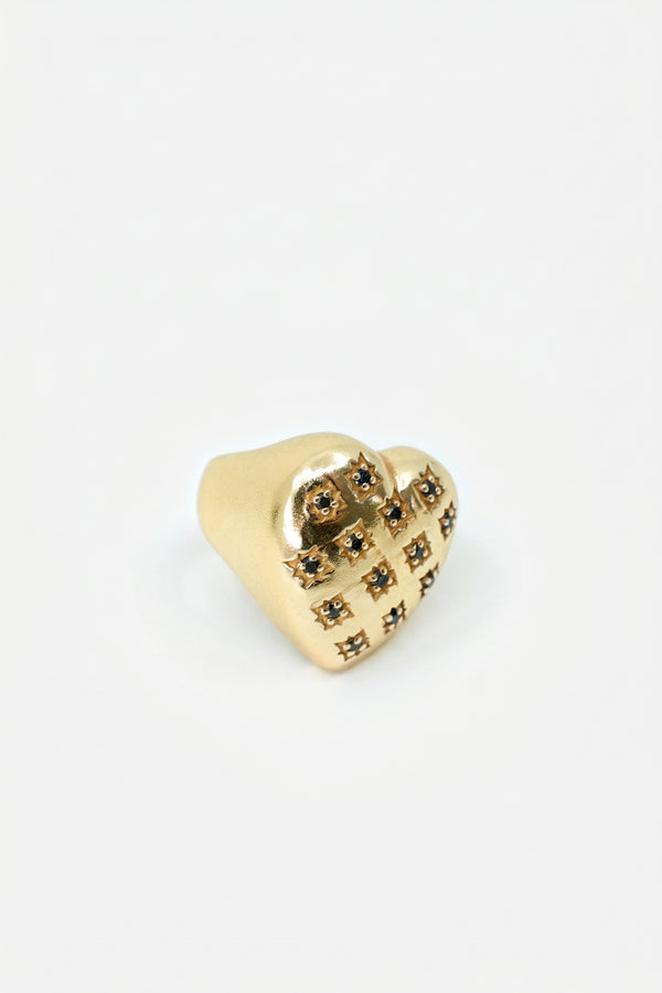 Gold Heart Signet Ring Black Diamond Star
