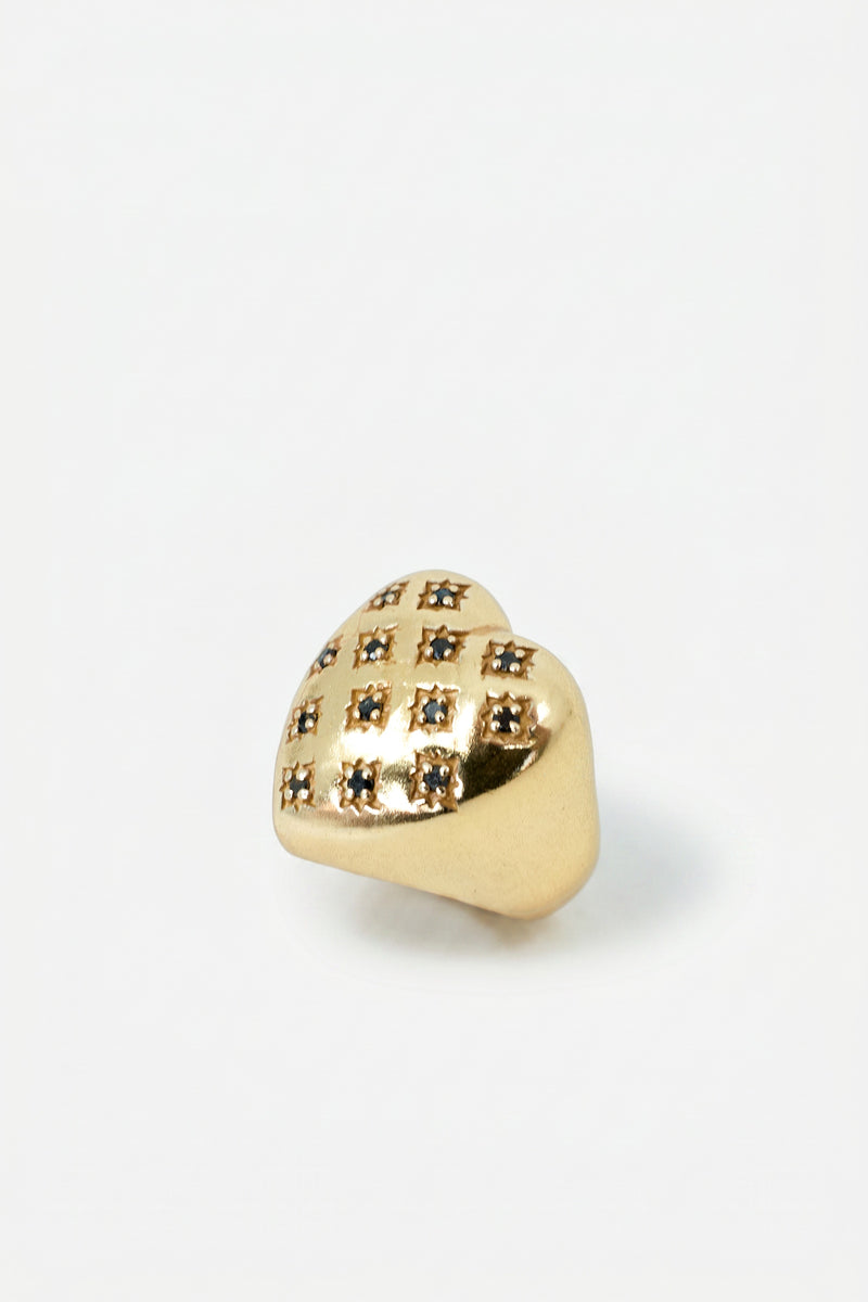 Gold Heart Signet Ring Black Diamond Star