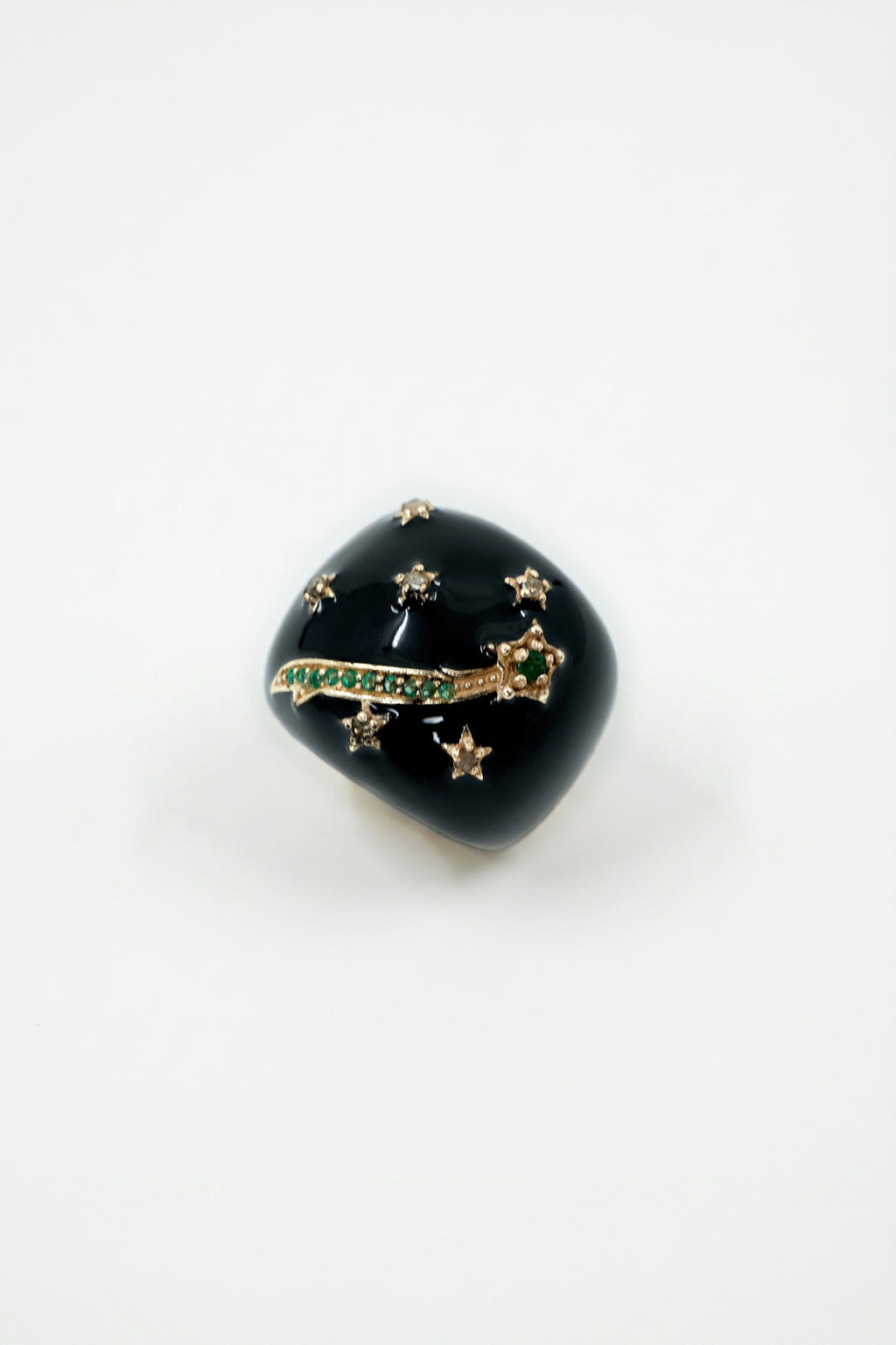 Black Enamel Cocktail Ring Emerald Diamond Star