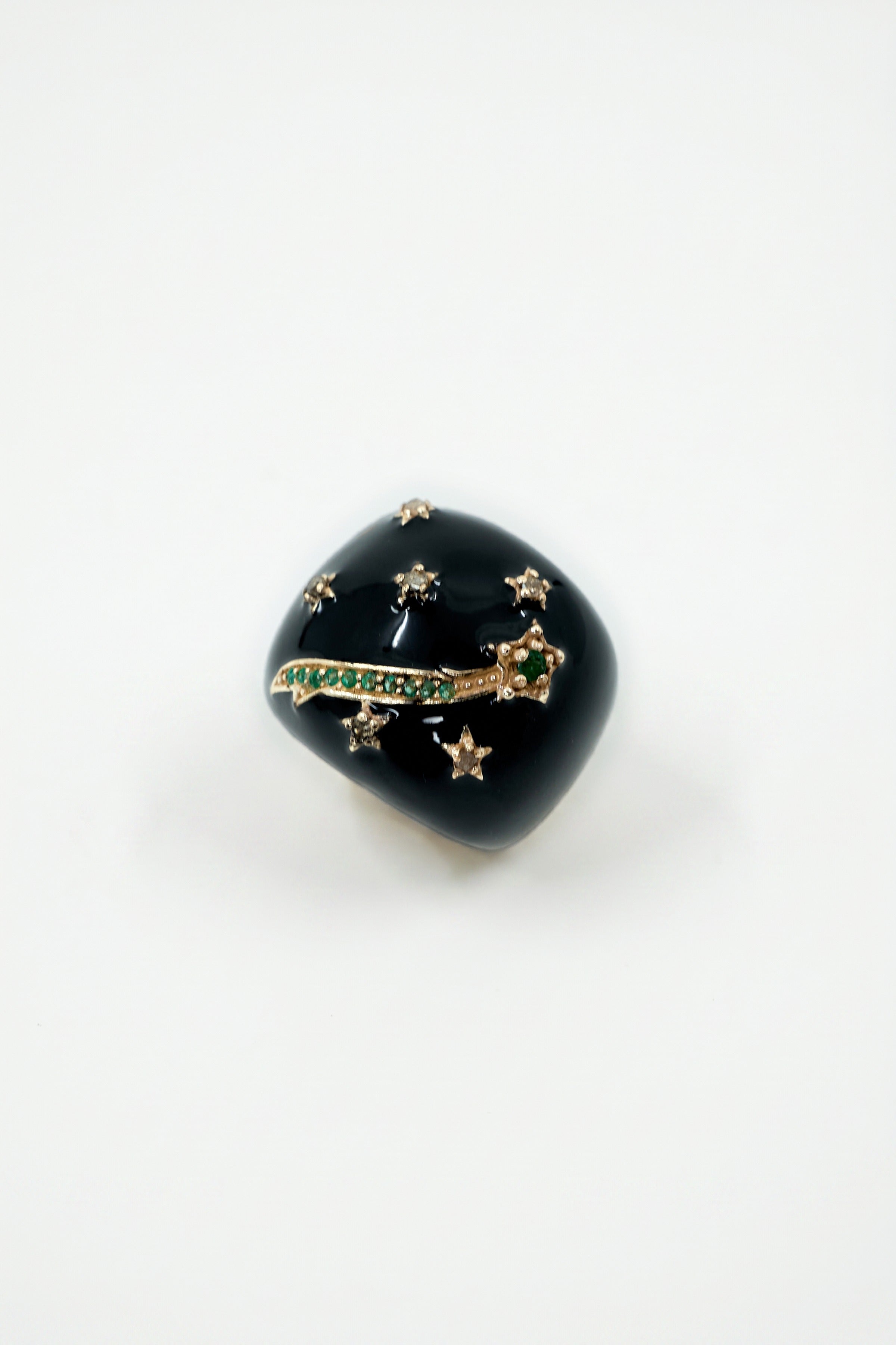Black Enamel Cocktail Ring Emerald Diamond Star
