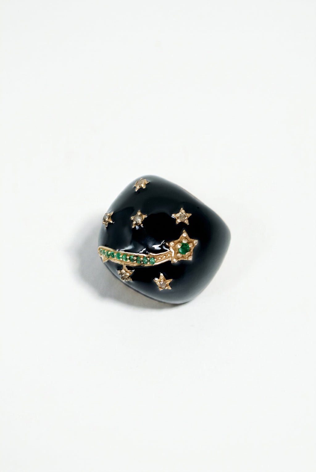 Black Enamel Cocktail Ring Emerald Diamond Star