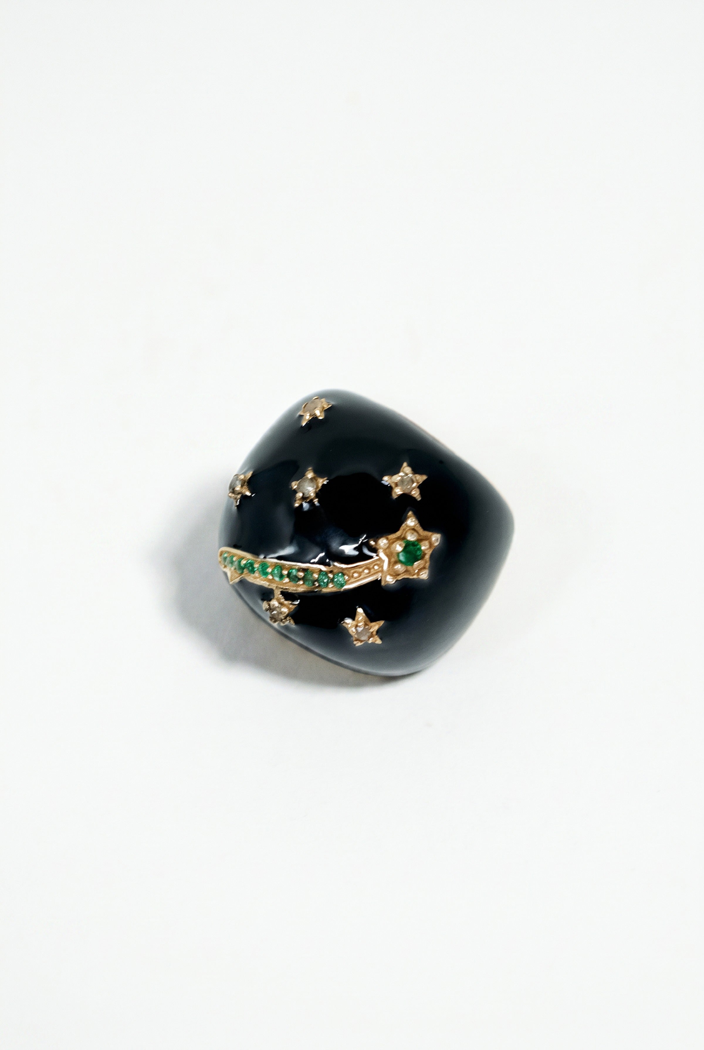 Black Enamel Cocktail Ring Emerald Diamond Star