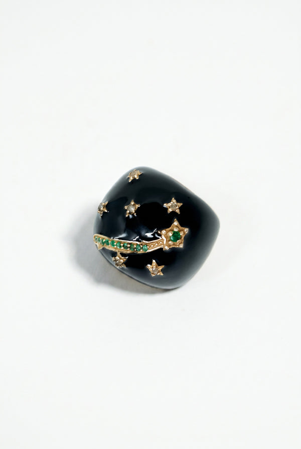 Black Enamel Cocktail Ring Emerald Diamond Star