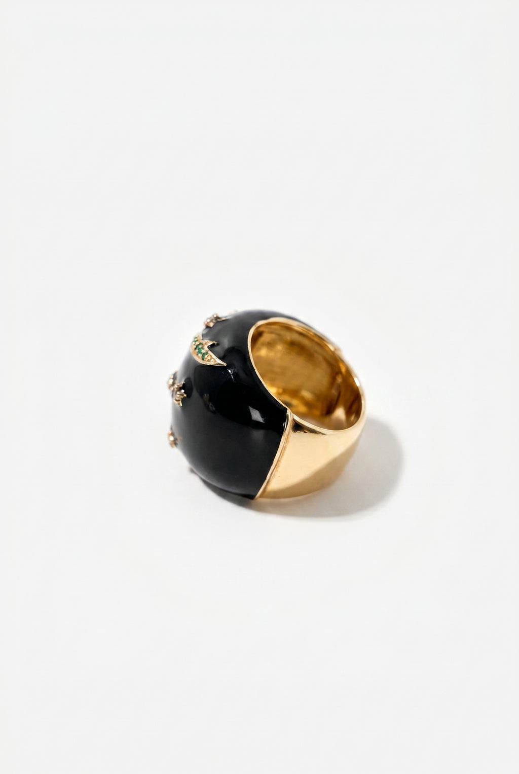 Black Enamel Cocktail Ring Emerald Diamond Star