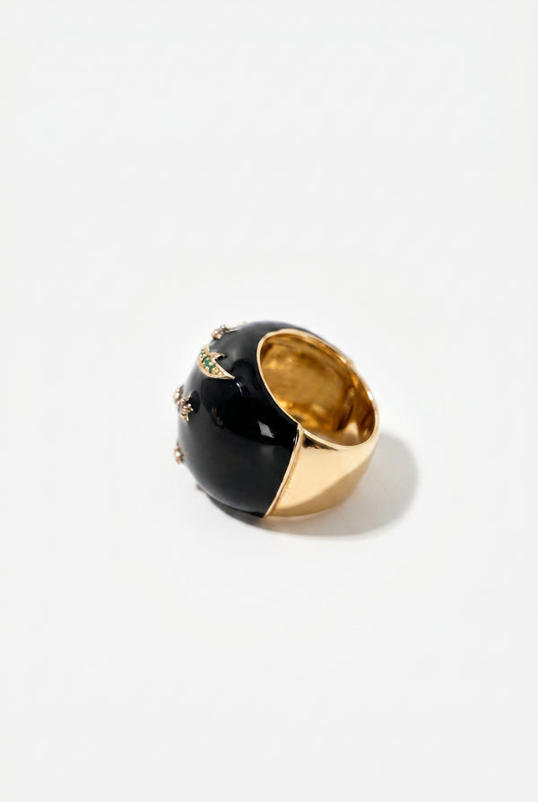 Black Enamel Cocktail Ring Emerald Diamond Star