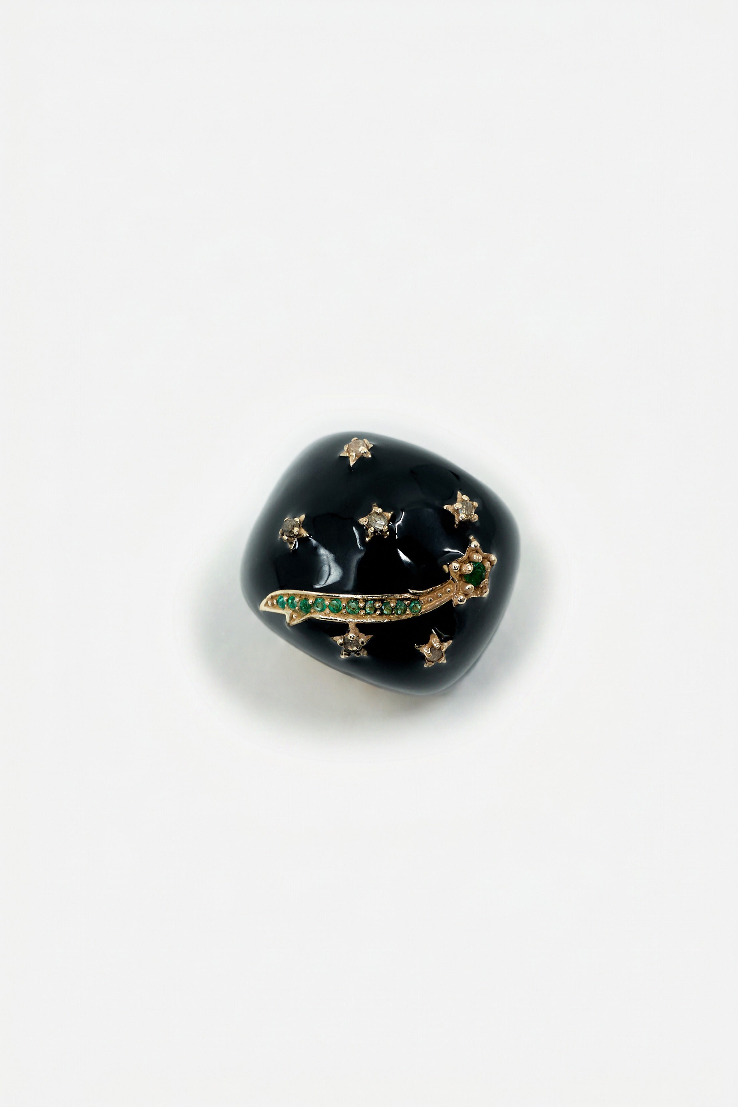 Black Enamel Cocktail Ring Emerald Diamond Star