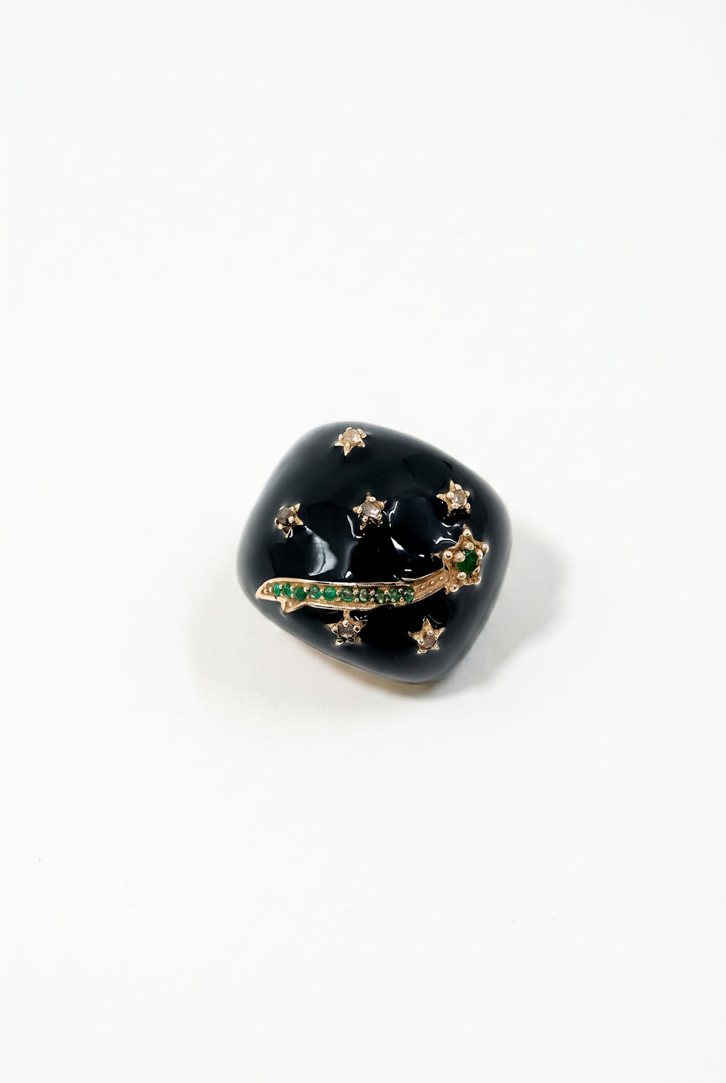 Black Enamel Cocktail Ring Emerald Diamond Star