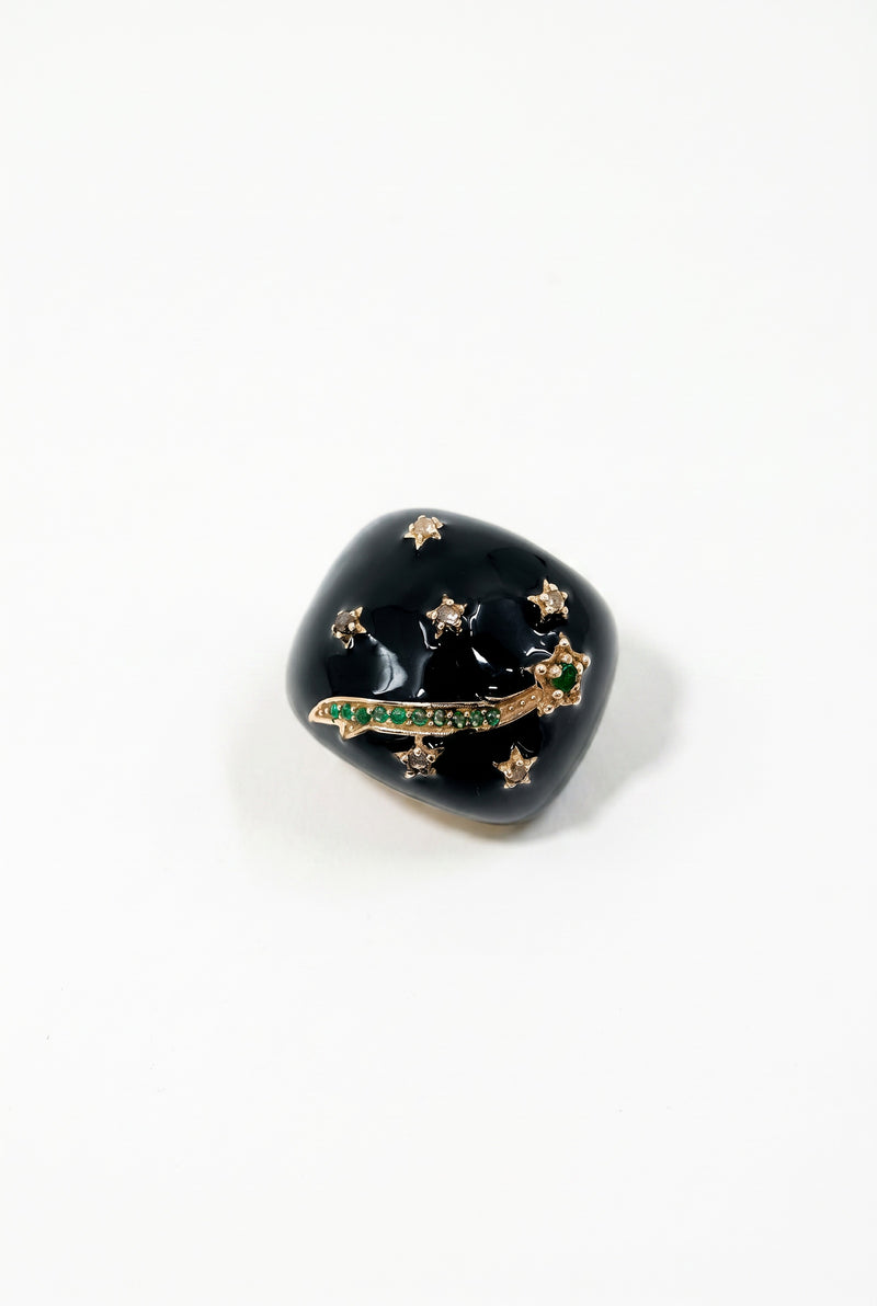 Black Enamel Cocktail Ring Emerald Diamond Star
