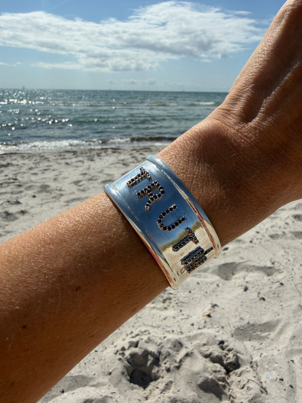 Black Diamond Letter Cuff Silver Bracelet