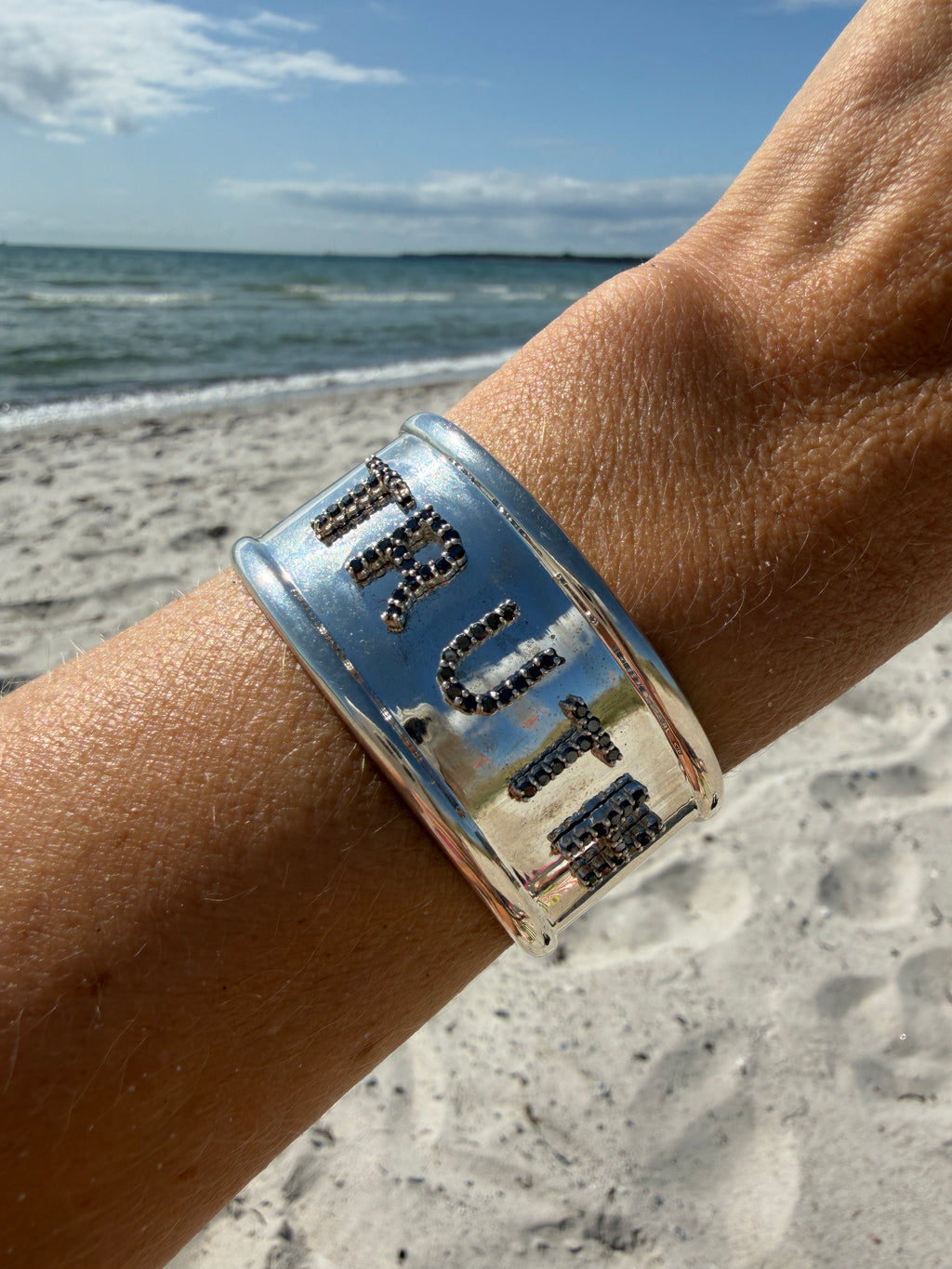 Black Diamond Letter Cuff Silver Bracelet