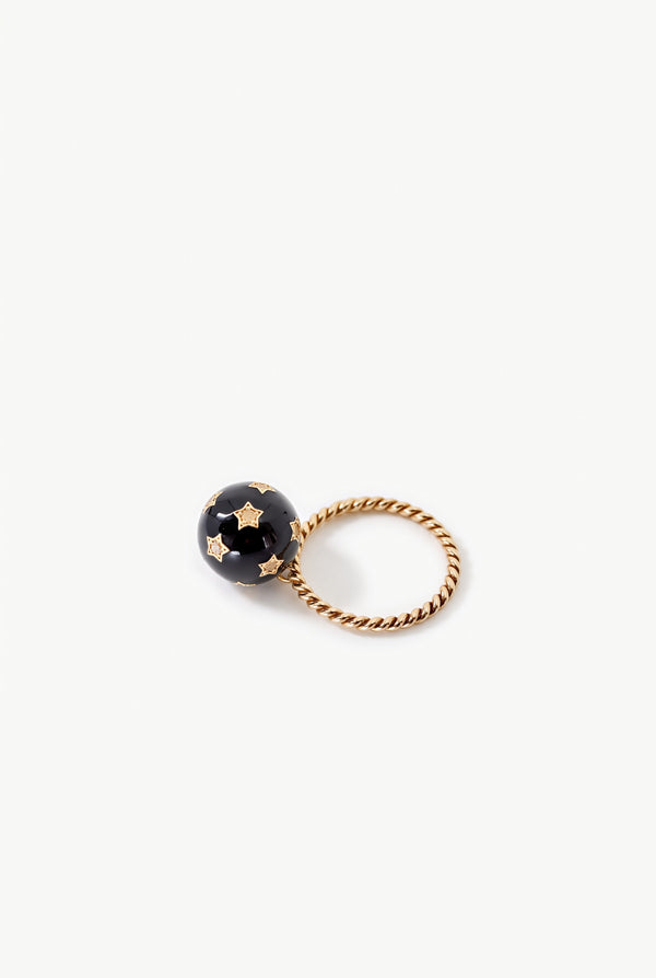 Black Enamel Orb Diamond Star Ring Twisted Band