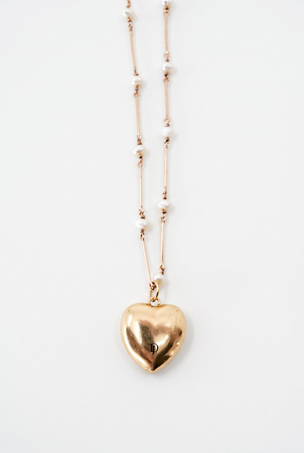 Black Enamel Heart Necklace White Diamonds & Pearl