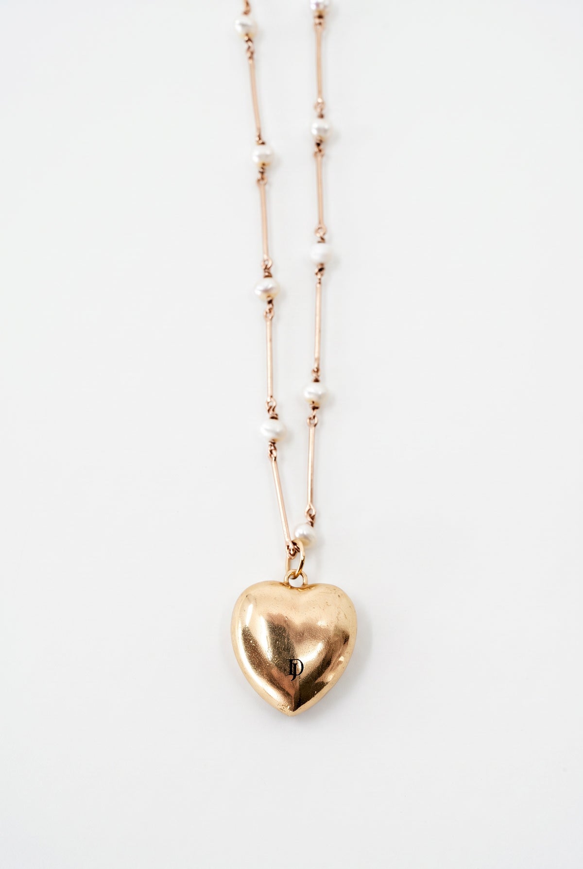 Black Enamel Heart Necklace White Diamonds & Pearl