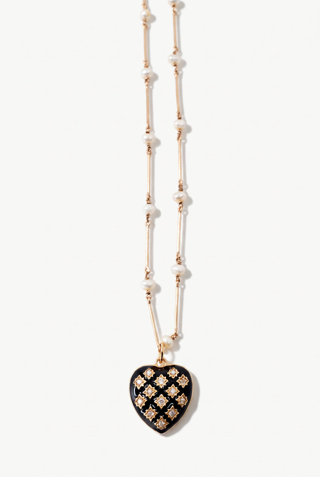 Black Enamel Heart Necklace White Diamonds & Pearl