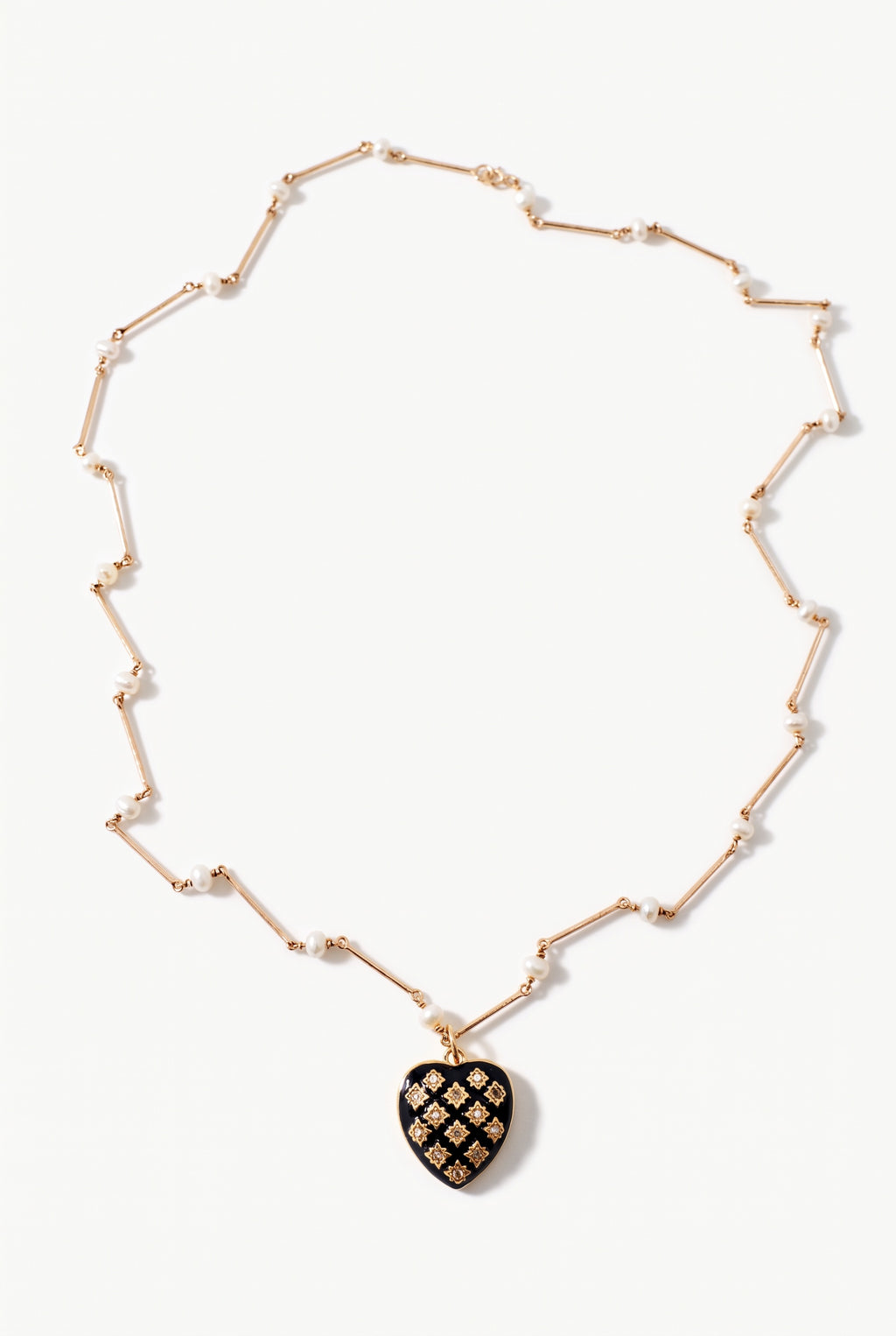 Black Enamel Heart Necklace White Diamonds & Pearl
