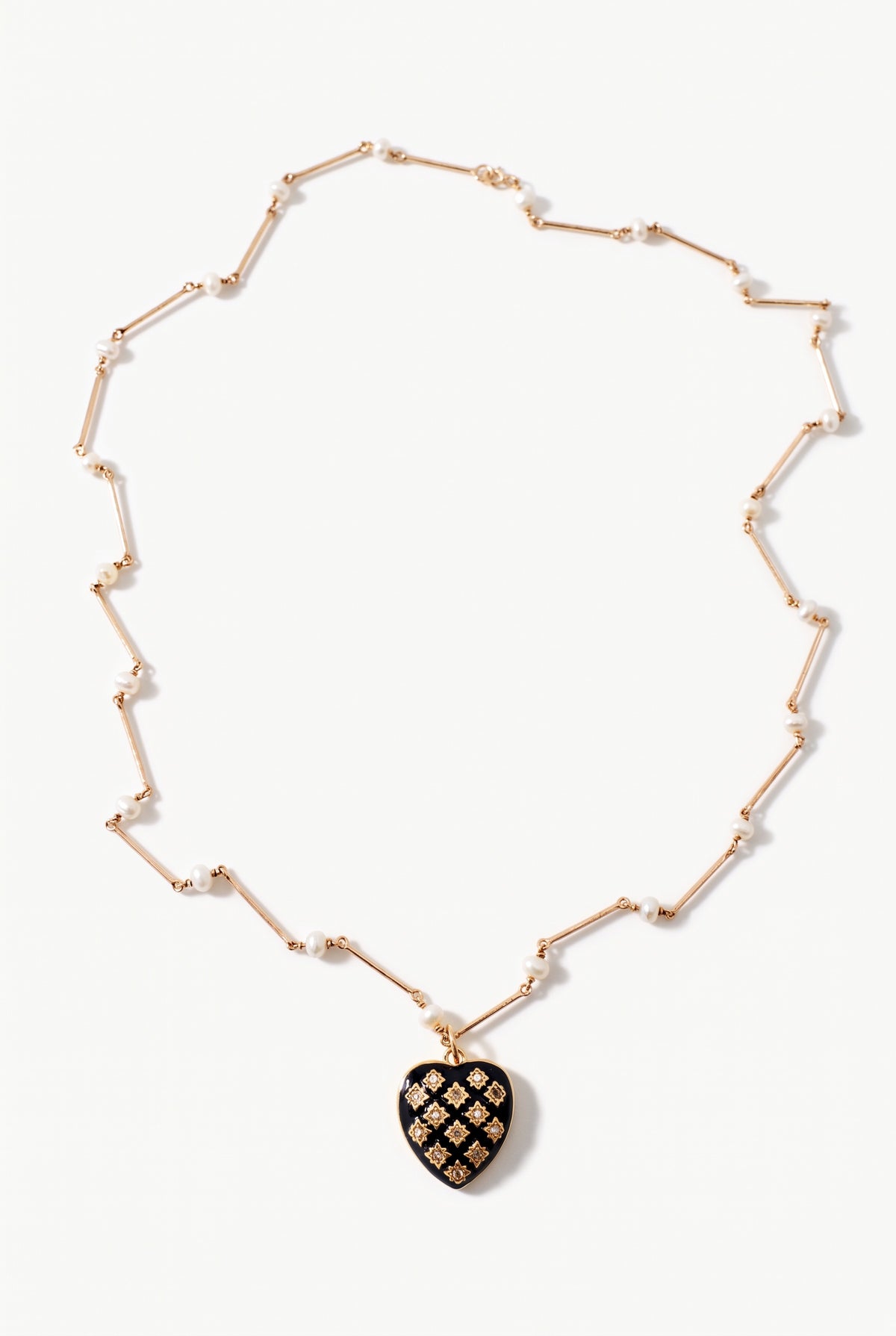 Black Enamel Heart Necklace White Diamonds & Pearl