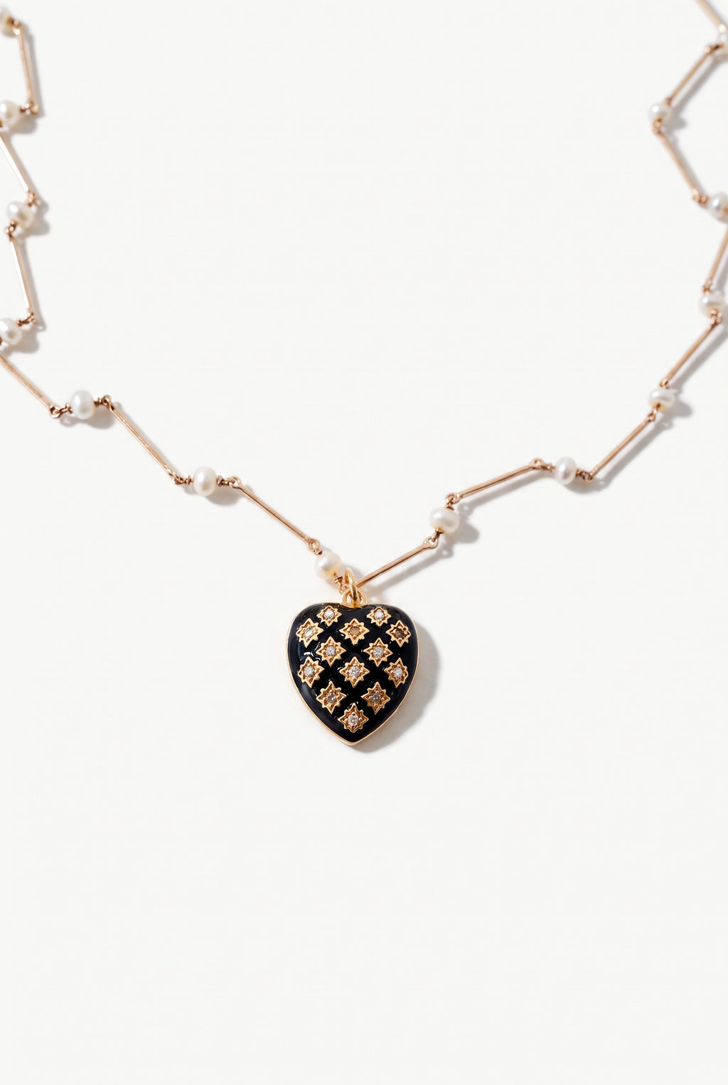 Black Enamel Heart Necklace White Diamonds & Pearl