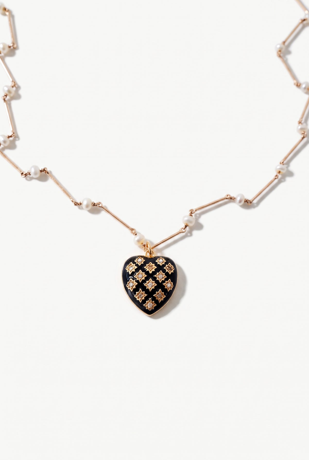 Black Enamel Heart Necklace White Diamonds & Pearl