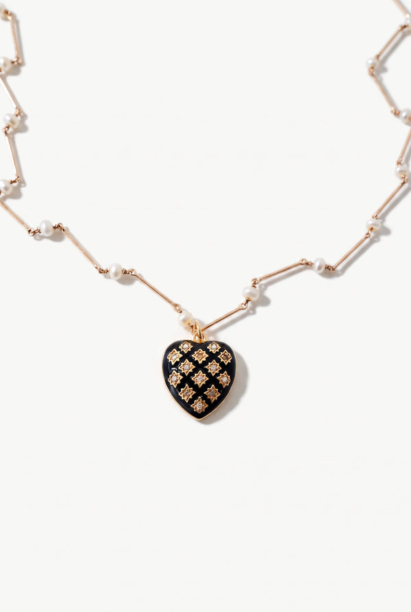 Black Enamel Heart Necklace White Diamonds & Pearl
