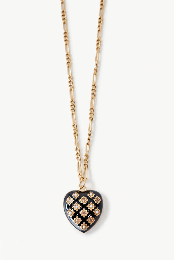 Black Enamel Heart Necklace White Diamonds Pearl Figaro Chain