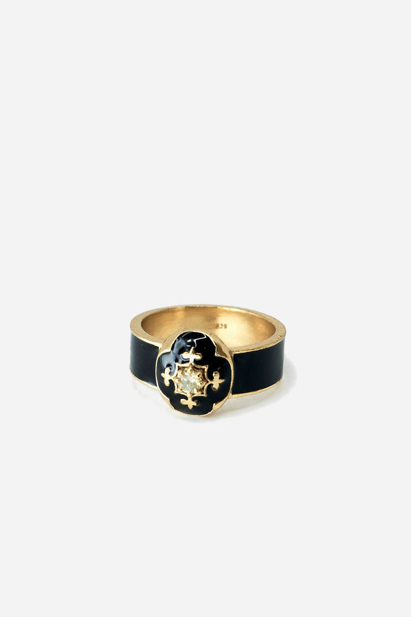 French Lily Ring Black Enamel Diamond Gold Plated