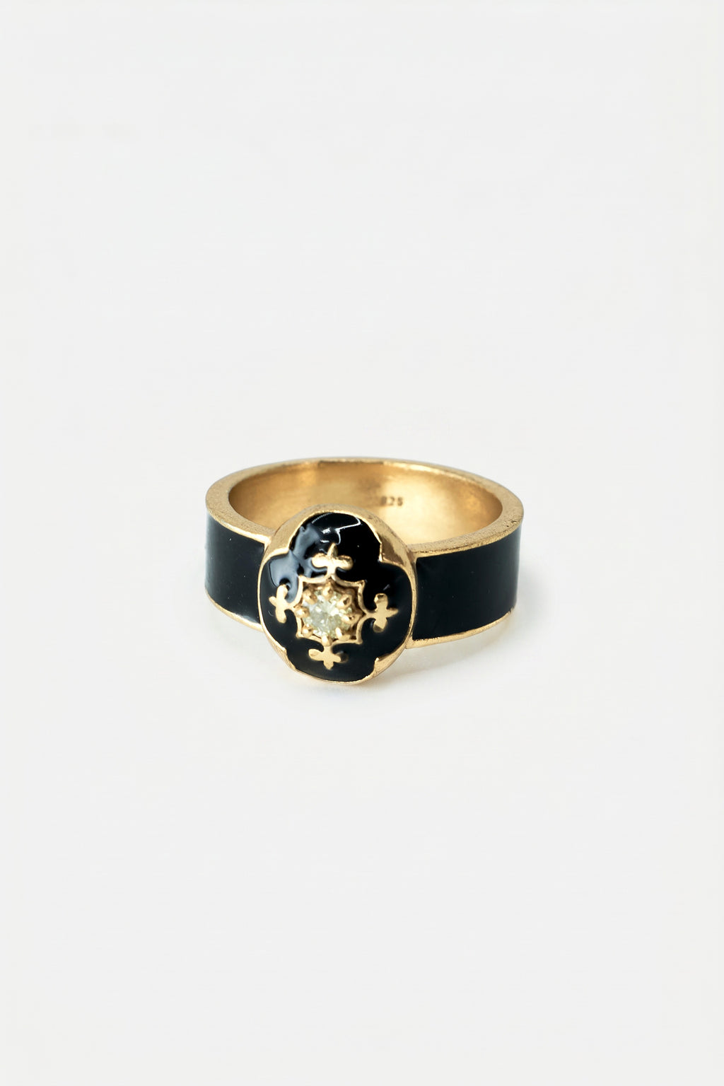 French Lily Ring Black Enamel Diamond Gold Plated