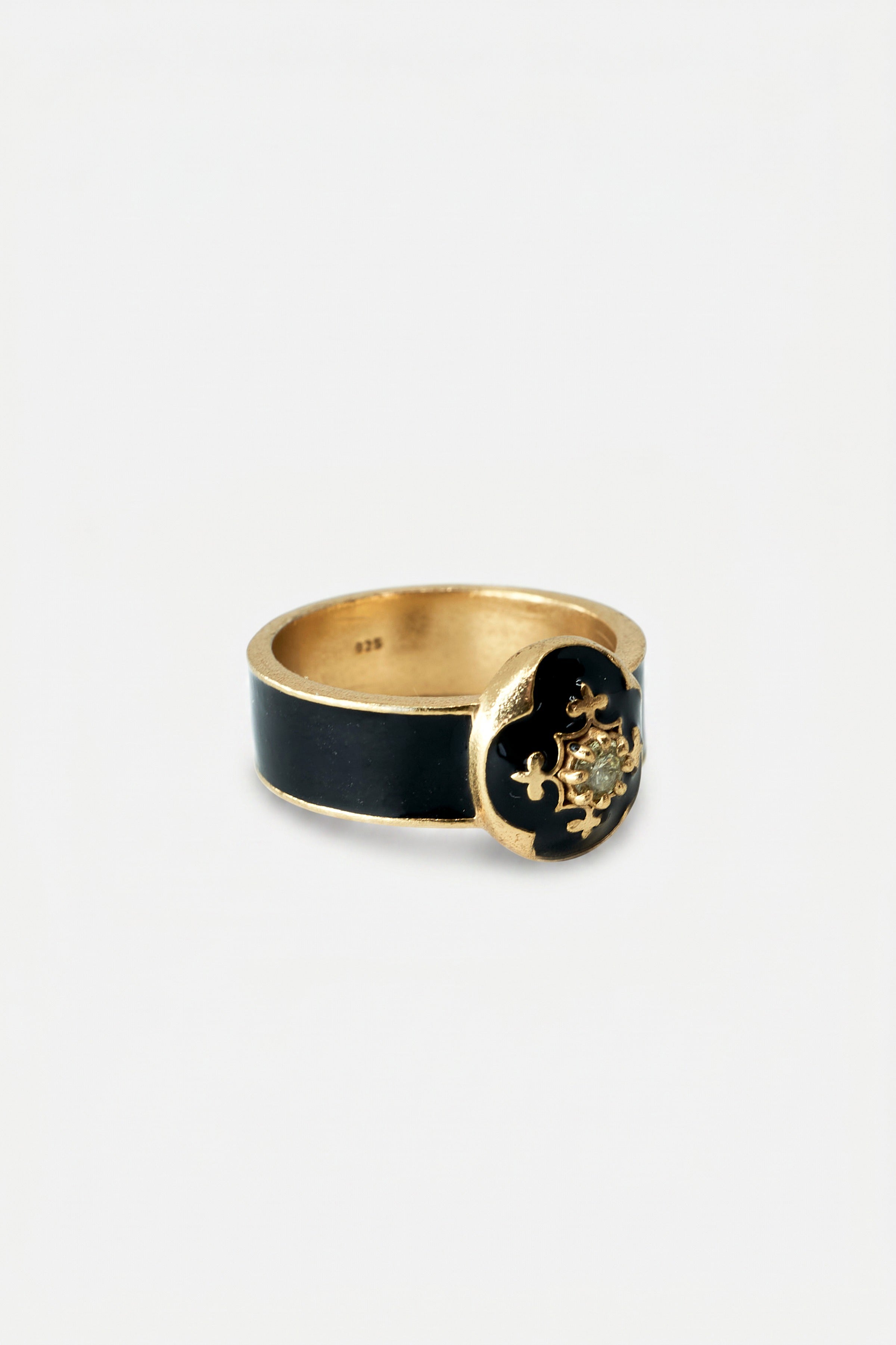 French Lily Ring Black Enamel Diamond Gold Plated