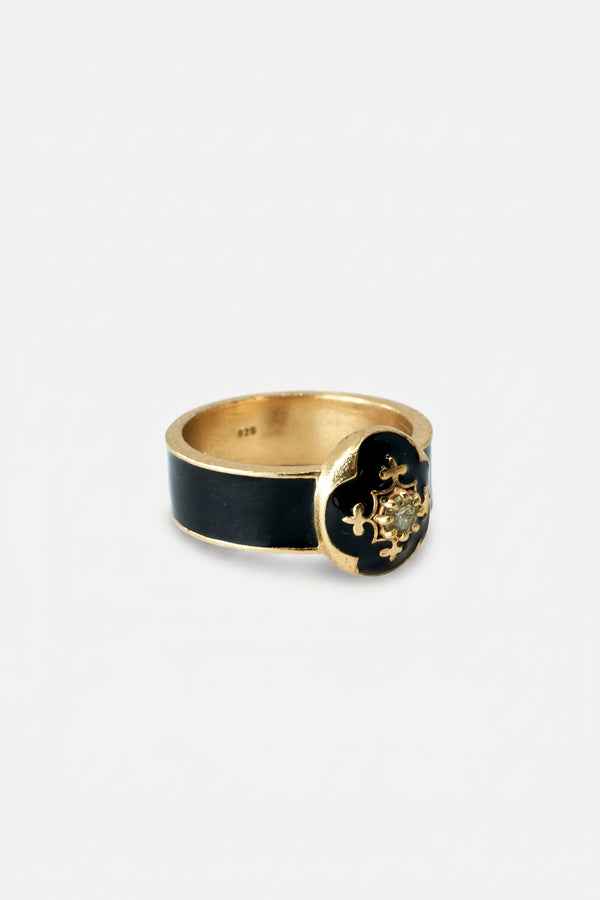 French Lily Ring Black Enamel Diamond Gold Plated