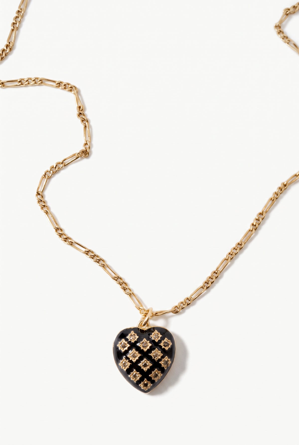 Black Diamond Heart Necklace Black Enamel Figaro Chain