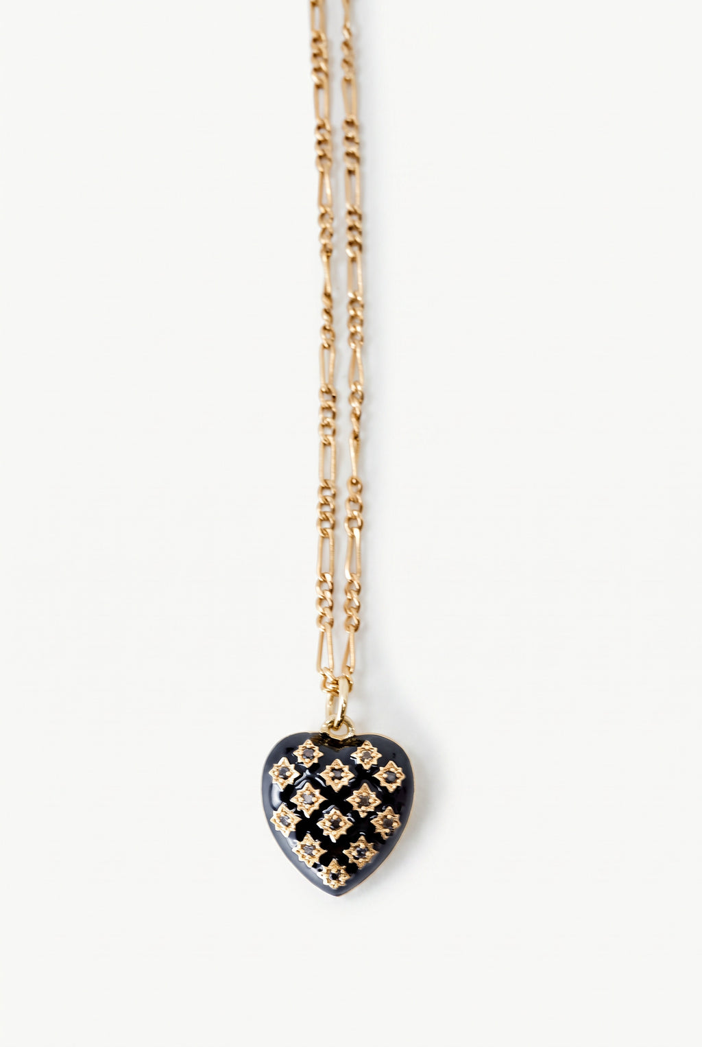 Black Diamond Heart Necklace Black Enamel Figaro Chain