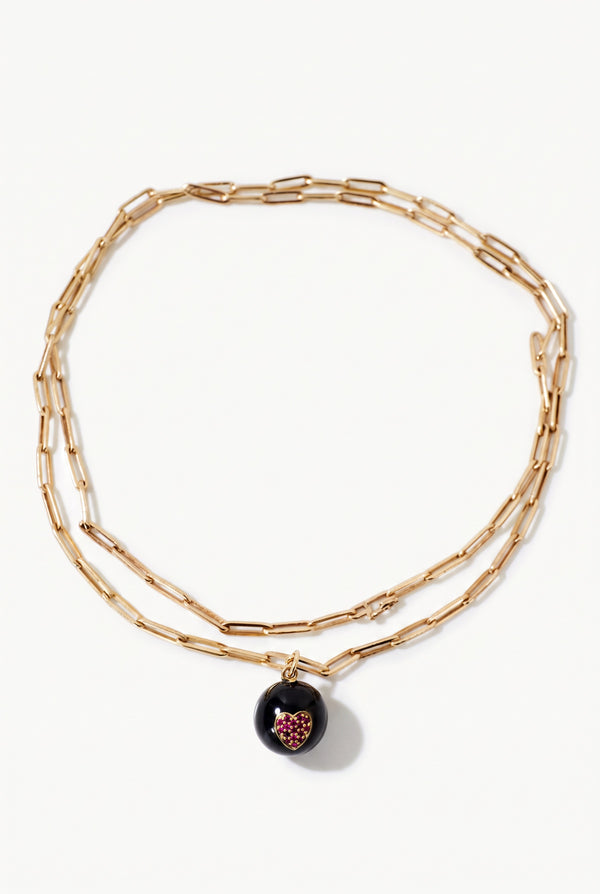Ruby Heart Necklace Black Enamel Gold Paperclip Chain