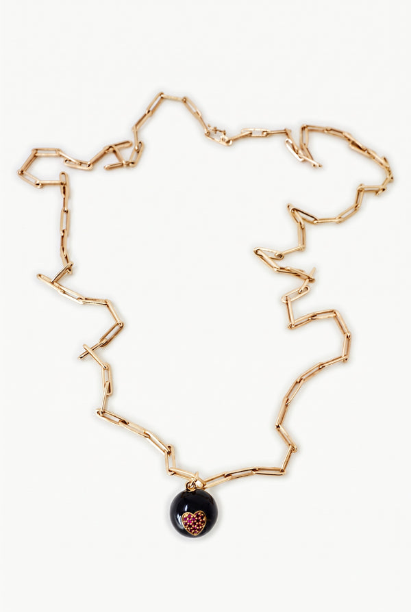 Ruby Heart Necklace Black Enamel Gold Paperclip Chain
