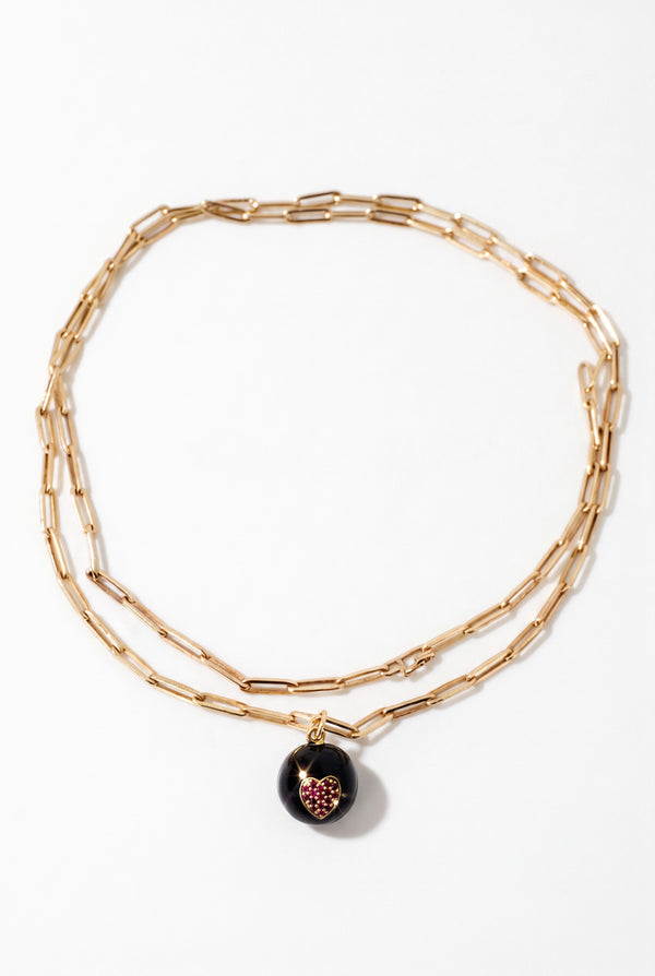 Ruby Heart Necklace Black Enamel Gold Paperclip Chain