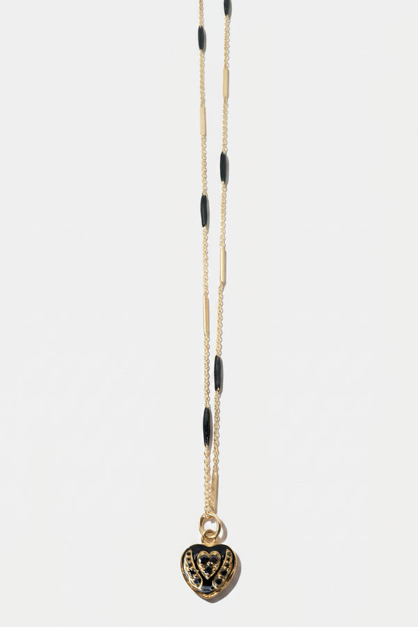 Black Diamond Heart Necklace Black Enamel