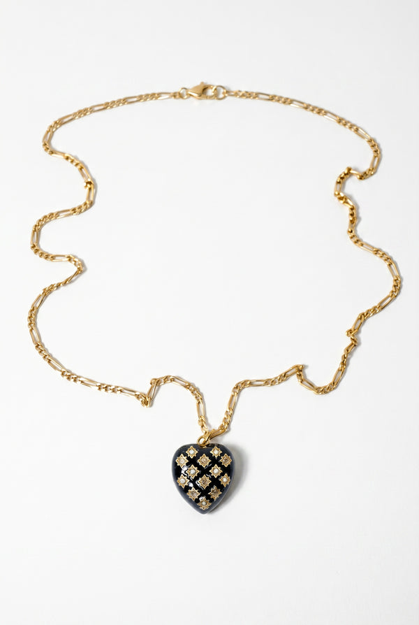 White Diamond Heart Necklace Black Enamel