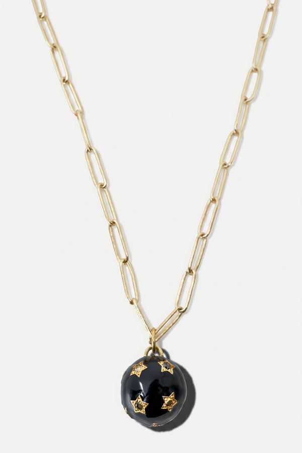Diamond Star Sphere Black Enamel Paper Clip Necklace